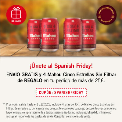 Únete a nuestro Spanish Friday con un descuento de envio gratis y un regalo de 4 latas de Mahou Sin Filtrar. Cupón SPANISHFRIDAY. Para pedidos de más de 25€, hasta el 11.12